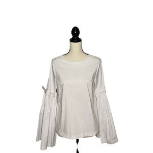 CATHERINE Malandrino Blouse Pleated Bow Tie Bell Sleeve Round Neck Feminine